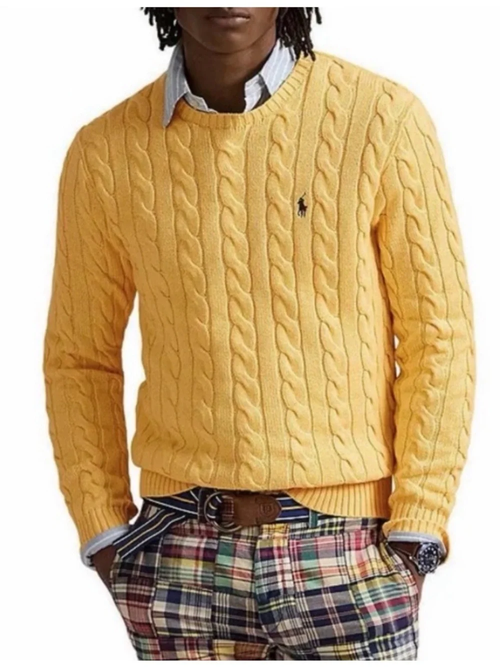 Y2K Polo Ralph Lauren Men’s Yellow Cable-Knit Crewneck Sweater Size Large Preppy